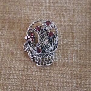 925 Silver Garnet Stone Flower Basket Pin Brooch